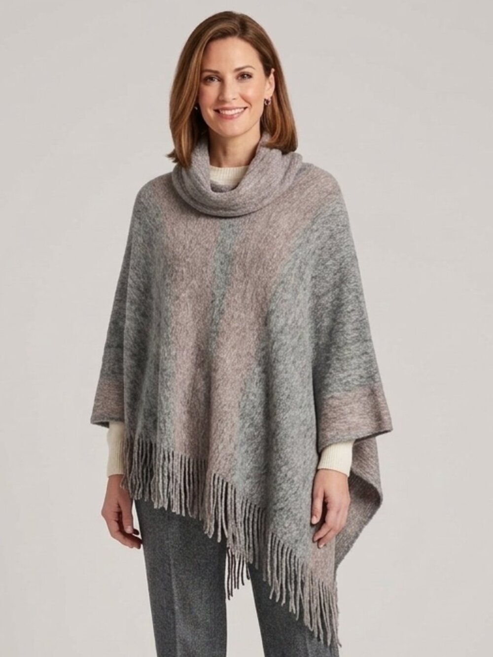 Northern Angel Poncho Cozy Fringe Knit in Taupe Gray S/M Soft Stretch Western